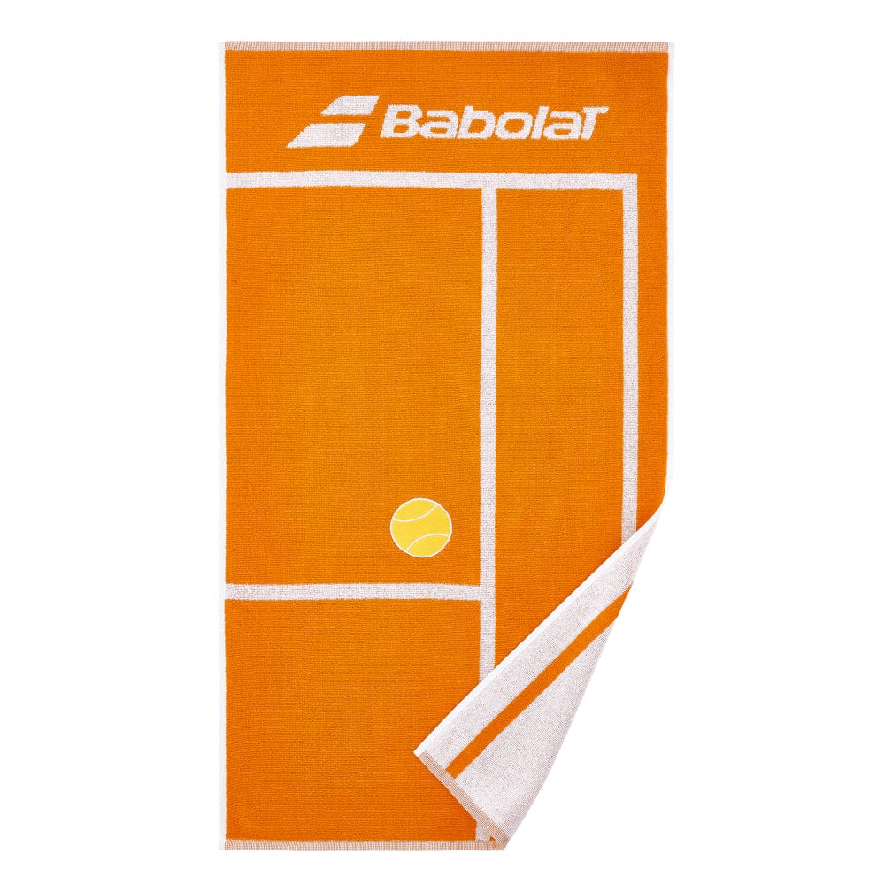 The Babolat Medium Towel - Tangelo Orange by Babolat showcases a vibrant tangelo orange color with a white tennis court outline and a yellow tennis ball motif. Crafted from soft terry fabric, it features the "Babolat" logo printed at the top, with one corner folded over to display the reverse side.