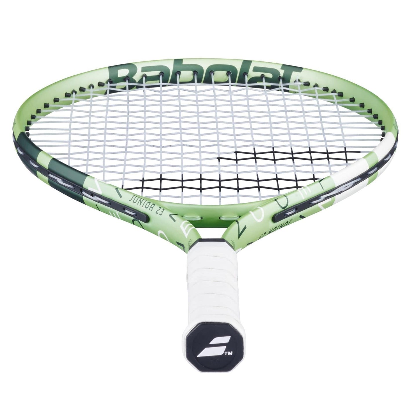 A Babolat Junior 23 Wimbledon 2025 Tennis Racket in Champagne Green, featuring a white grip and black strings, is shown on a white background with "Junior 23" labeled on the side.