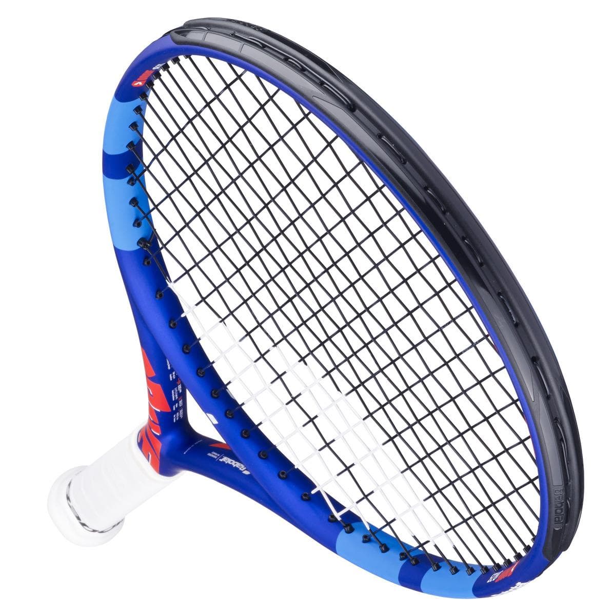 The Babolat Drive Junior 23 Tennis Racket, ideal for intermediate players, features a composite graphite and aluminum frame in blue with black and red accents. The angled view highlights its grid-patterned strings against a white background.