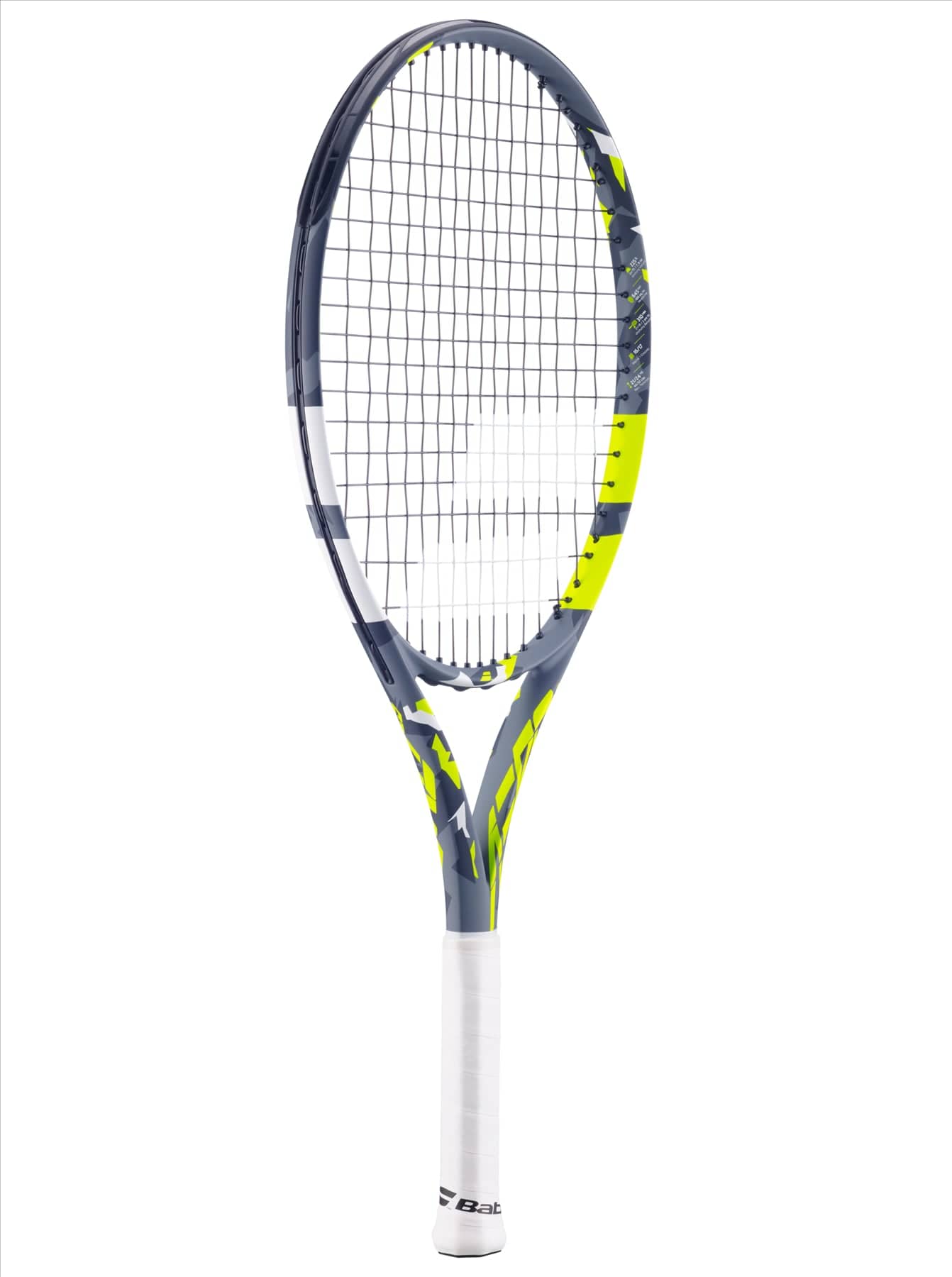The Babolat Aero Junior 25 Tennis Racket from Babolat showcases a contemporary grey and yellow frame. Its strings are tightly strung for enhanced performance, complemented by a comfortable white grip. This modern design provides a sporty appeal ideal for junior players.