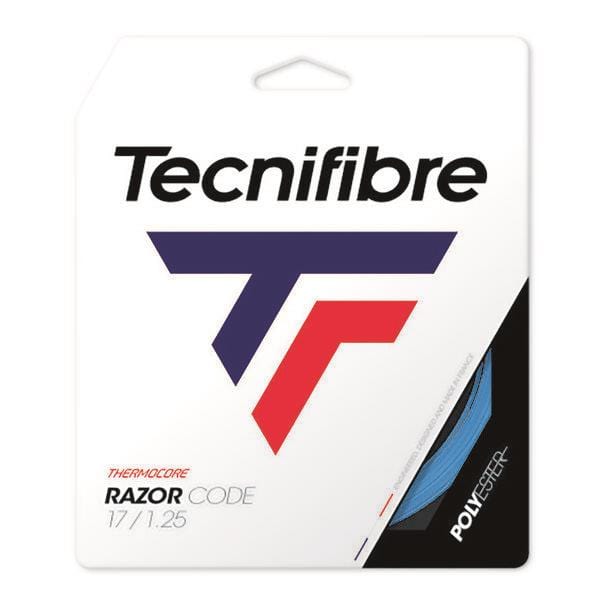 The packaging for the Tecnifibre Razor Code ATP Tennis String Set - Blue prominently displays the Tecnifibre brand logo alongside the text "Thermocore RazorCode 17/1.25." The right side reveals a strand of blue polyester string, emphasizing its innovative Thermocore technology.