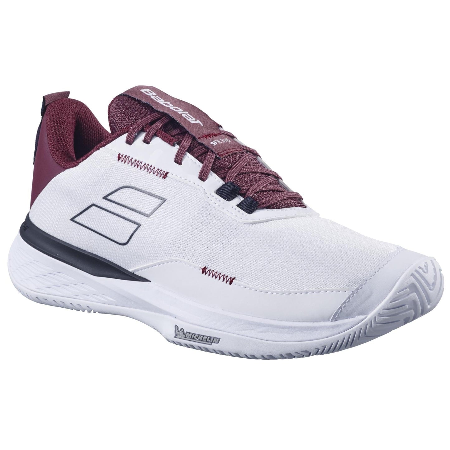 The Babolat SFX Evo Men's Tennis Shoes in white and burgundy feature a maroon tongue, laces, and heel, black-outlined geometric side designs, an Ortholite insole for comfort, and a Michelin logo on the sole.