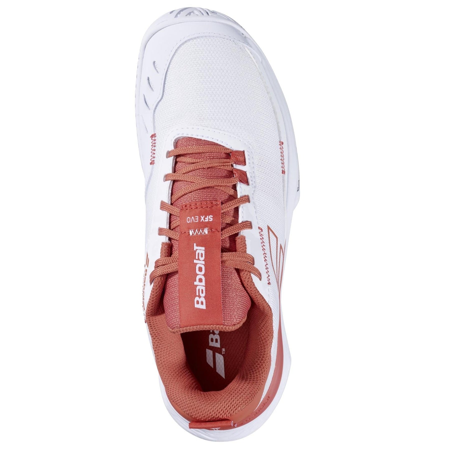 Top-down view of the Babolat SFX Evo Women's Tennis Shoes in White/Terra Cotta, featuring rust-red laces, tongue, and lining. The tongue displays the Babolat logo in white with "SFX EVO" beneath.