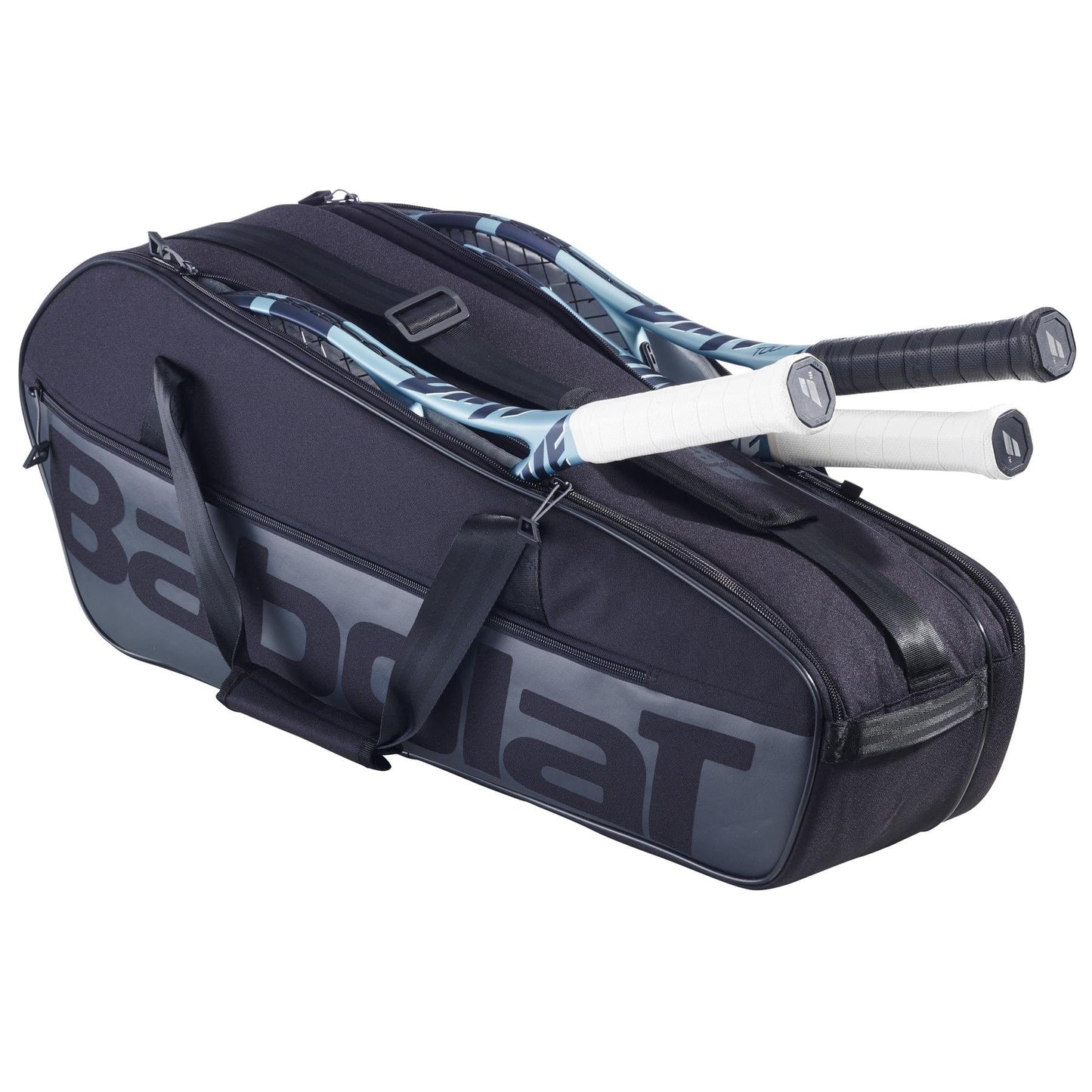The Babolat Court M 6 Racket Tennis Bag in black, made from recycled PET, features two rackets with handles exposed, a shoulder strap, a large racket compartment, and the prominent Babolat logo on the side.