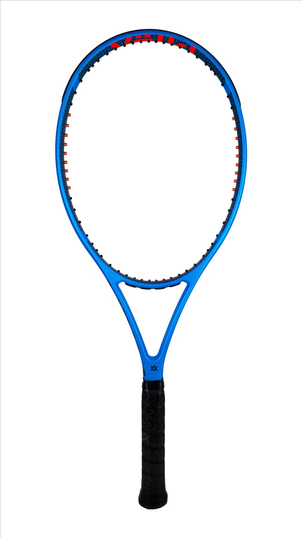 The Volkl V-Cell 5 Tennis Racket by Volkl is a blue and red lightweight racket characterized by its circular frame. Its handle is wrapped in black grip tape, highlighting the design and structure against a clean white background with the strings intentionally absent.