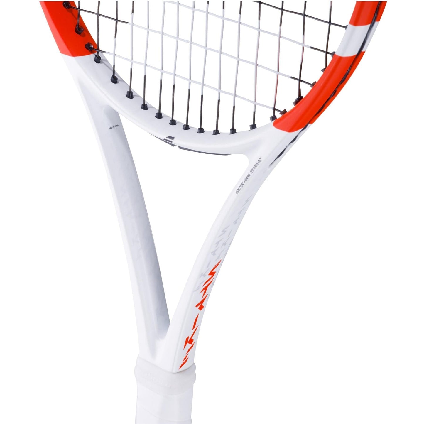 A detailed view of the Babolat Pure Strike 100 Gen4 Tennis Racket reveals its white, red, and black accents on the frame. The tightly strung strings provide outstanding control and feel, while the handle is wrapped in a white grip. Set against a plain background, its sleek design featuring NF2 Tech innovation is prominently showcased.