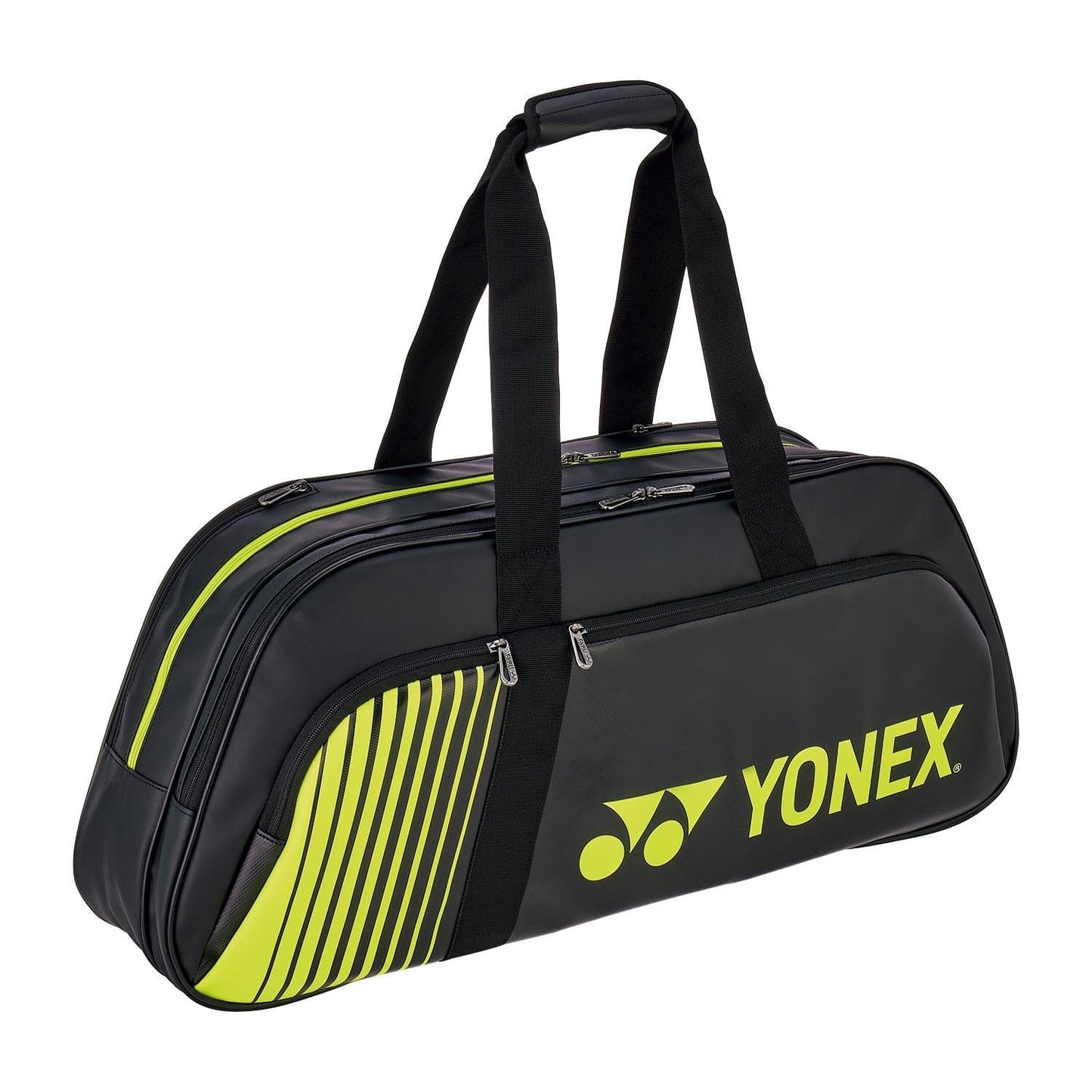 The Yonex 82431WEX Active Tournament Tennis Bag in black/lime, by Yonex, features two handles, the logo, and a striped side design. It includes multiple compartments and a shoe compartment with visible zippers for easy access.