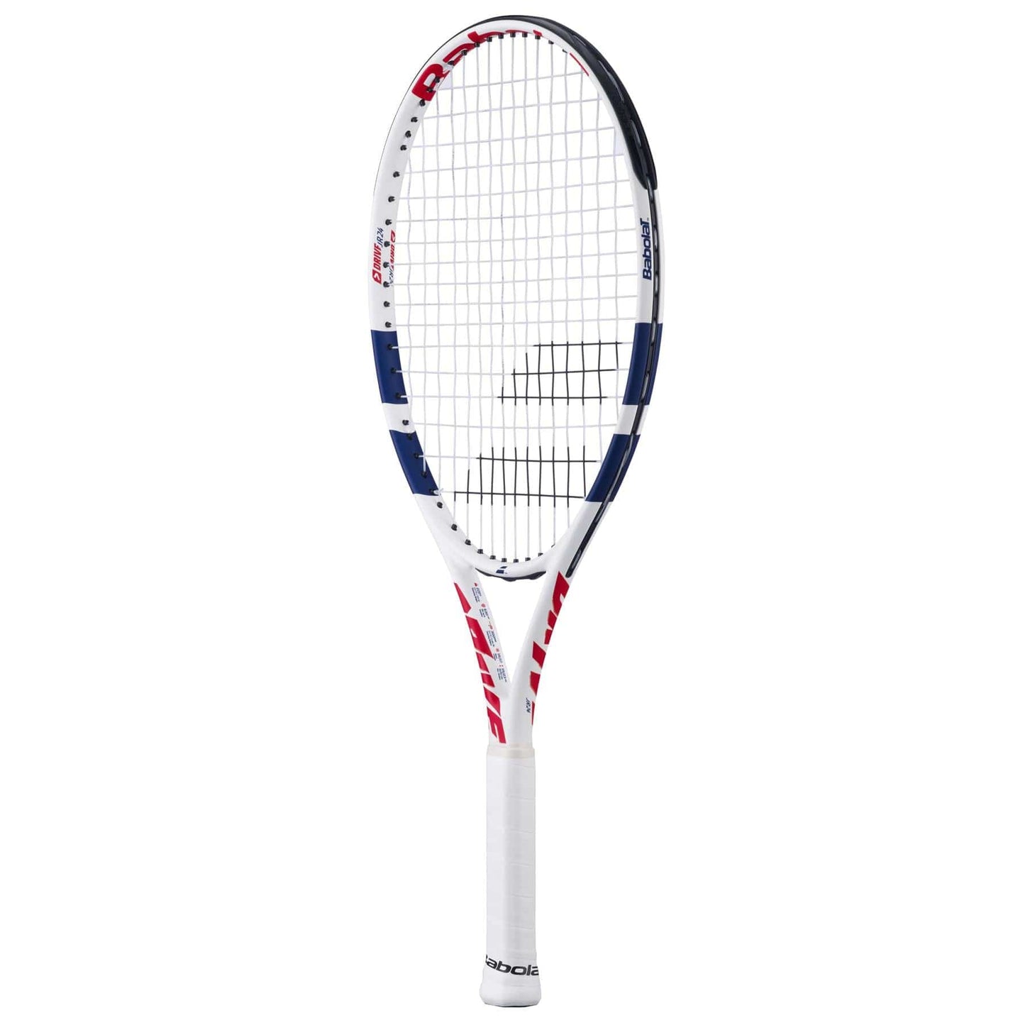 The Babolat Drive Junior 24 Tennis Racket, designed for intermediate players, features a white frame with blue and red accents and a mesh string pattern. It has white grip tape on the handle and showcases the Babolat brand prominently, all set against a white background.
