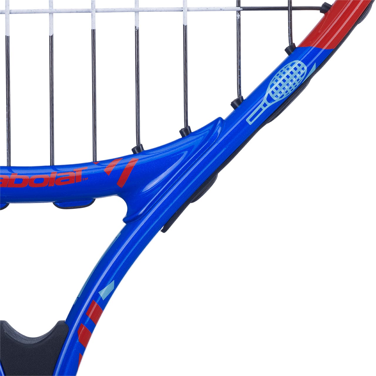 Close-up of a Babolat BallFighter 21 Junior Tennis Racket in blue with red accents, featuring a small tennis racket graphic on the throat. This racket is ideal for beginners and includes a teaching grip to facilitate easy learning. The strings and part of the frame are prominently visible.