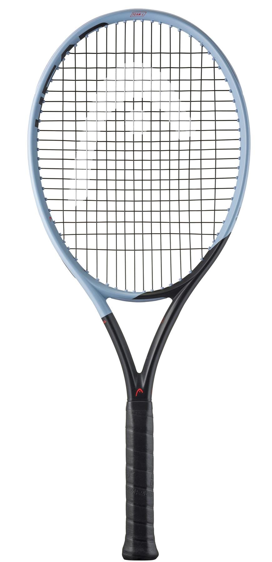 The HEAD Instinct Team L 2025 Tennis Racket features a sleek black handle and frame, with a light blue head and black strings. It includes Auxetic Technology for effortless power, featuring the HEAD logo prominently on the strings near the top of the racket head.