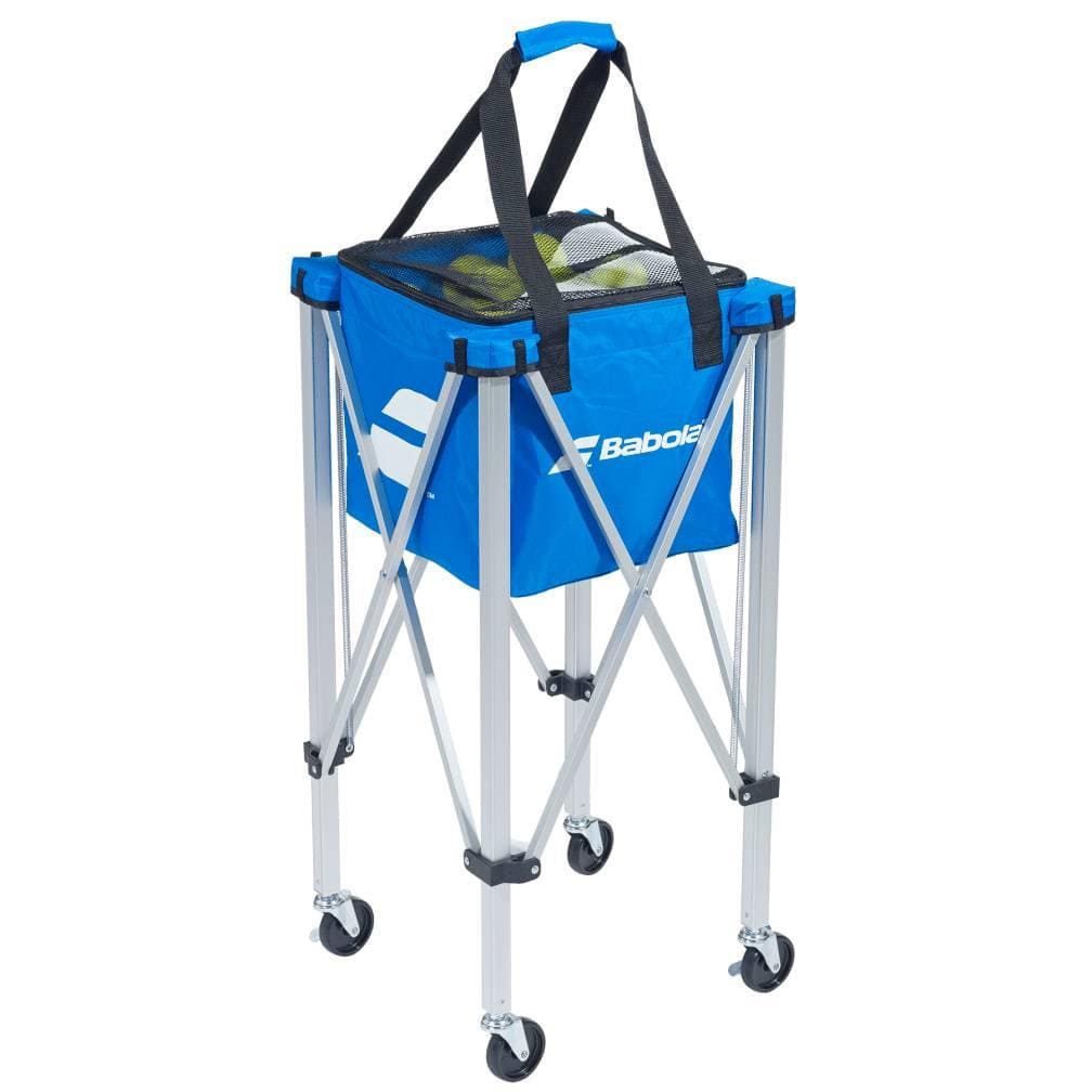 Introducing the Babolat Wheeled Tennis Ball Cart, a collapsible tennis ball hopper designed in blue with a chic black mesh cover and handy handles, mounted on a sleek silver metal frame. This cart by Babolat is equipped with four wheels, offering effortless transport and seamless mobility during practice sessions.