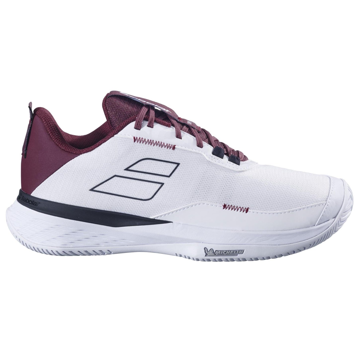 The Babolat SFX Evo Men's Tennis Shoes in White/Burgundy feature a maroon heel and laces, black stitching, a textured sole, and an Ortholite insole for enhanced comfort—ideal for sports or everyday wear.
