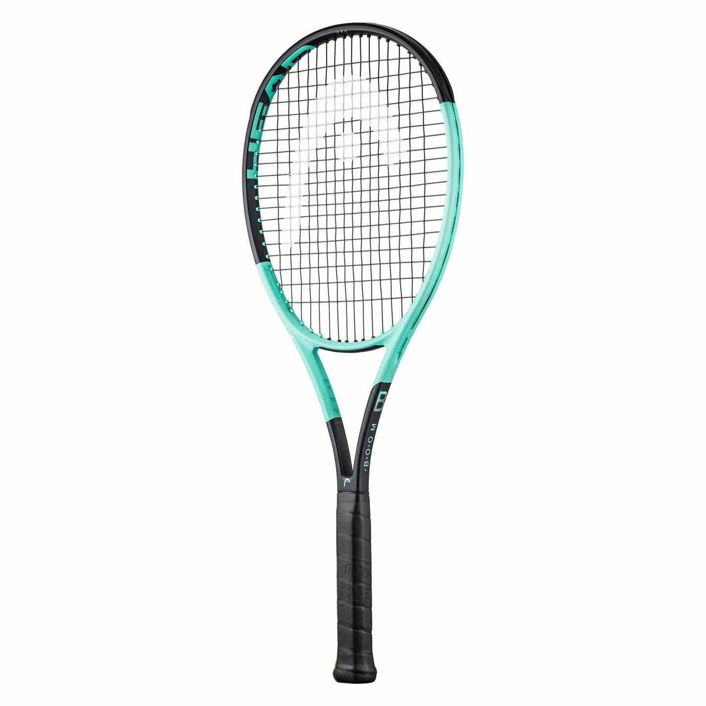 The HEAD Boom Pro 2024 Tennis Racket in back and mint showcases a stylish frame with Graphene Inside, equipped with tightly strung black strings and a textured black handle. The HEAD logo is prominently displayed near the top of the frame, enhanced by advanced Auxetic 2.0 technology for peak performance.