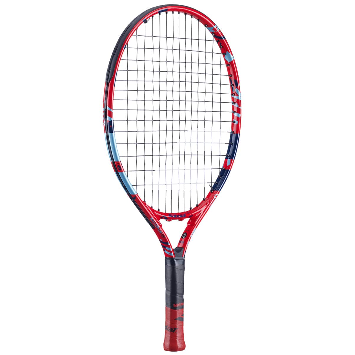 The Babolat BallFighter 19 Junior Tennis Racket by Babolat is a red and blue kids tennis racket, featuring a grid of strings and a black teaching grip handle. Its sleek, modern frame is ideal for young players improving their skills on the court.
