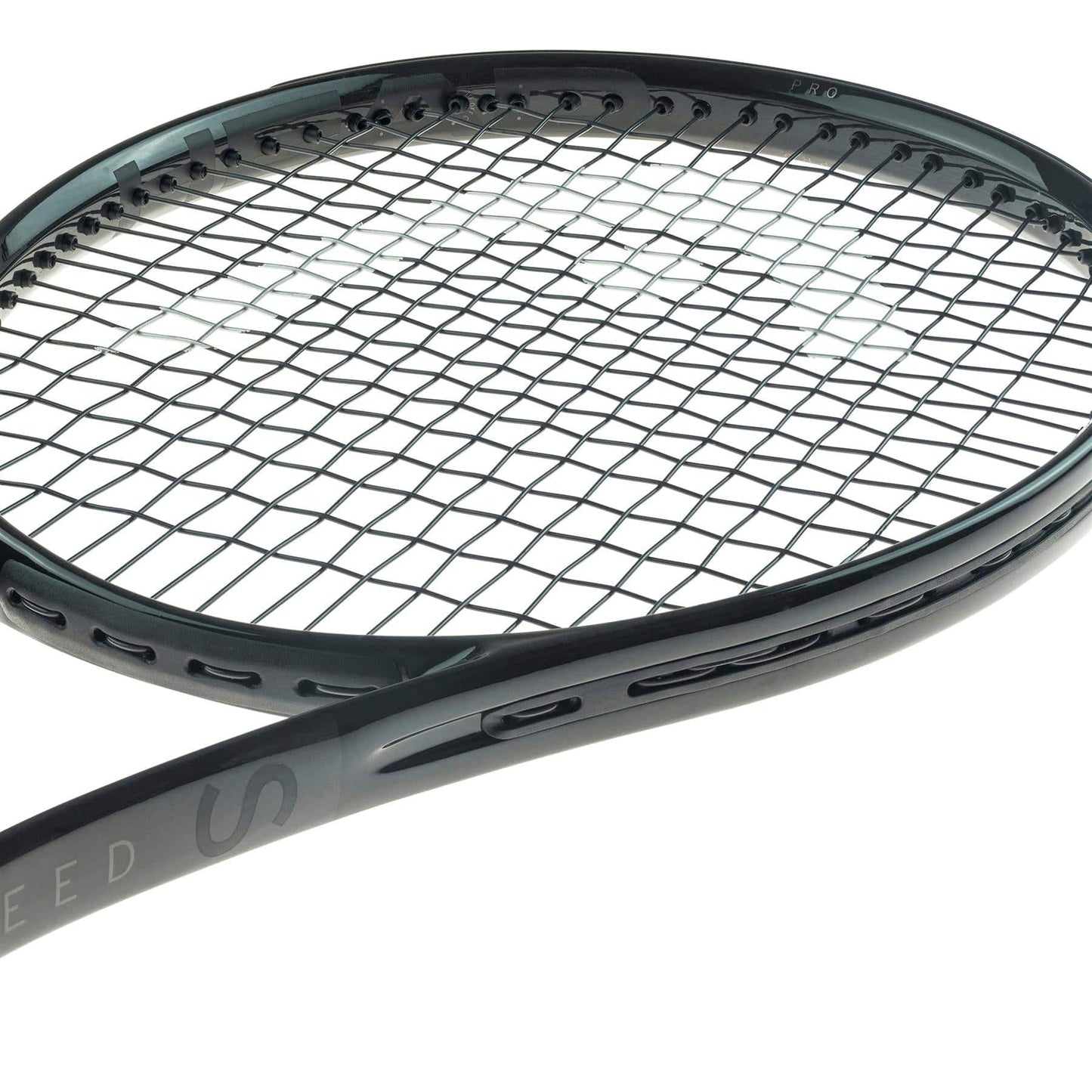 Close-up image of the HEAD Speed Pro Legend 2024 Tennis Racket - Black (Frame Only) with strings visible. The sleek frame demonstrates its streamlined shape, featuring Auxetic 2.0 technology for optimal performance, embodying the precision favored by Novak Djokovic.