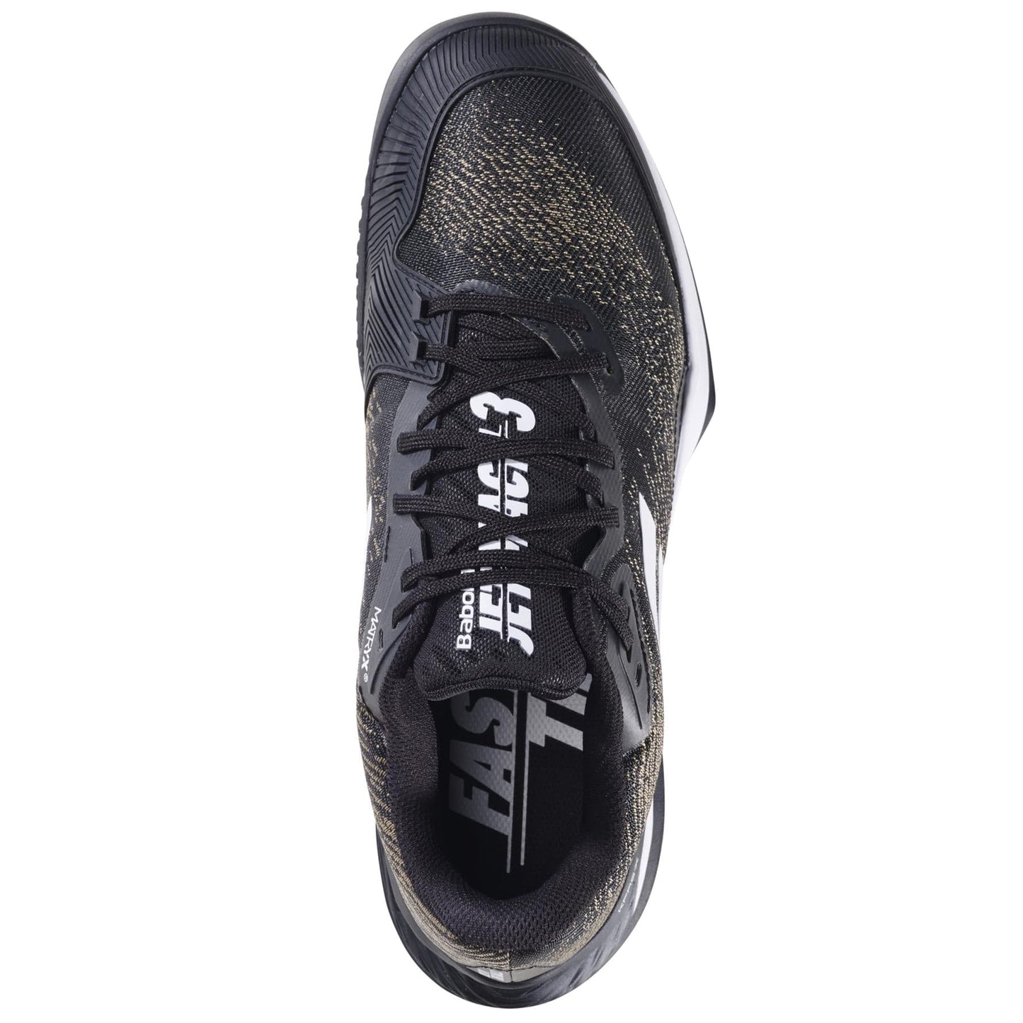 A top view of the Babolat Jet Mach 3 Sand Grass Men's Wide Tennis Shoes in Black/White, featuring black laces, speckled gold accents, and a Michelin sole for grip. The inner sole displays visible white text reading "FAST" and "BROOKS.