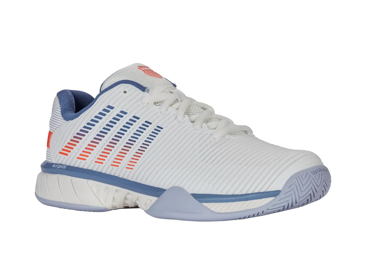 The K-Swiss Hypercourt Express 2 Men's Tennis Shoes in White/Scarlet Ibis feature blue soles and accents, red and blue side stripes, a textured toe pattern for grip, blue interior padding for comfort, and the lightweight design characteristic of K-Swiss tennis shoes.