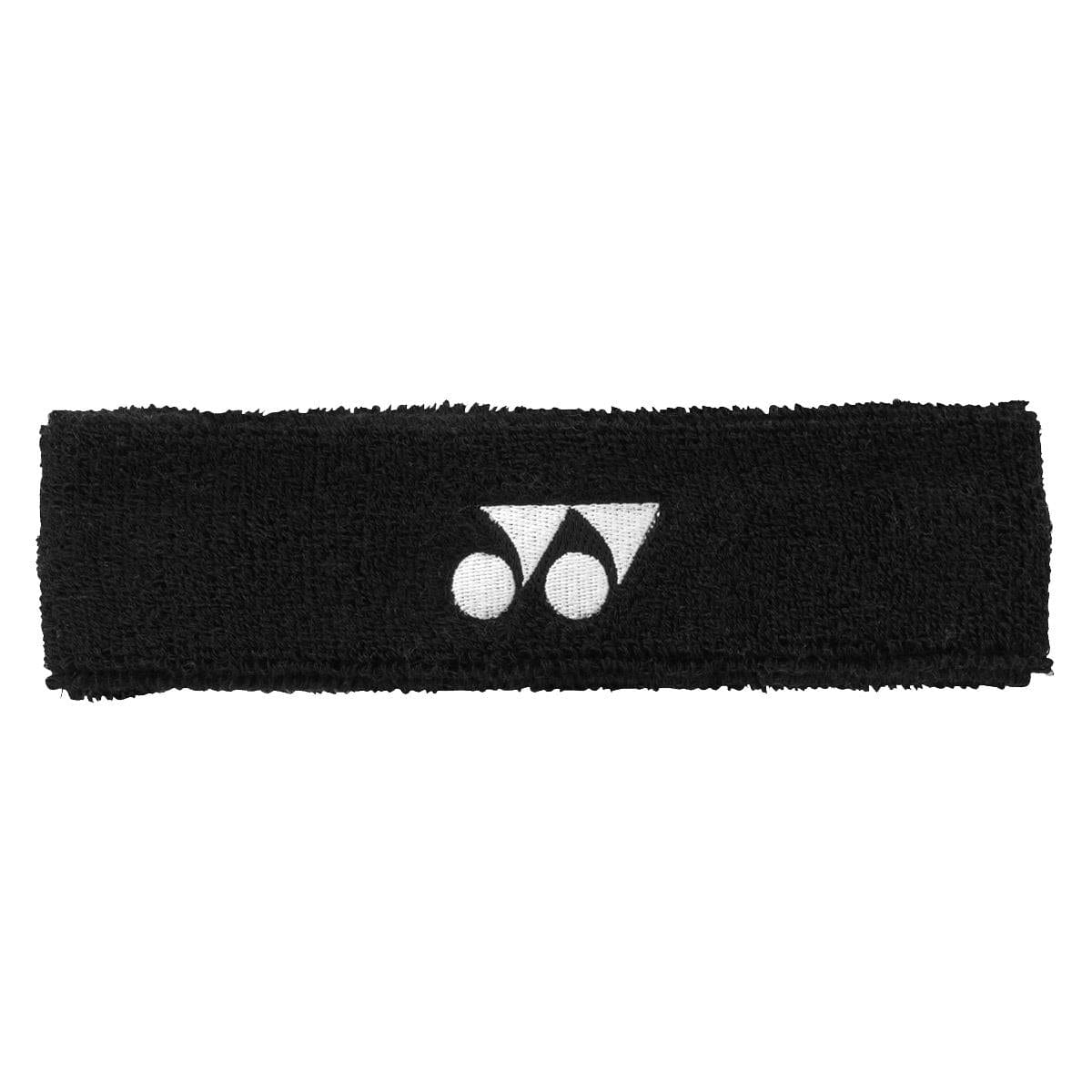 The Yonex AC259 Headband in black, showcasing a white logo with two triangles and a circle, is made from a soft, sweat-absorbing material. Its anti-bacterial fabric provides comfort and hygiene during intense workouts.
