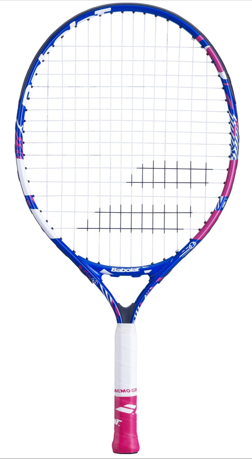The Babolat B-Fly 21 Junior Tennis Racket showcases a striking purple and pink design, ideal for young players. Featuring a white grip and the iconic Babolat logo on its strings and throat, this junior tennis racket combines style and performance for budding athletes.