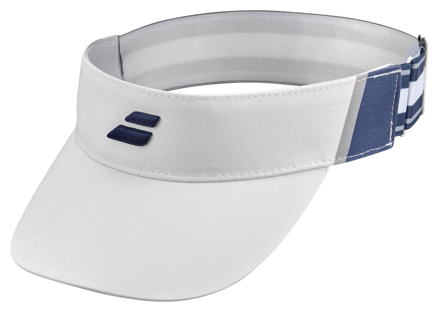 The Babolat Elastic Tennis Visor in White and Estate Blue provides stylish sun protection with its white design accented by two dark blue stripes on the side. It features a front panel with a small, subtle blue logo consisting of two horizontal bars. The visor has an adjustable and elastic strap with a blue and white striped pattern for optimal comfort and fit.