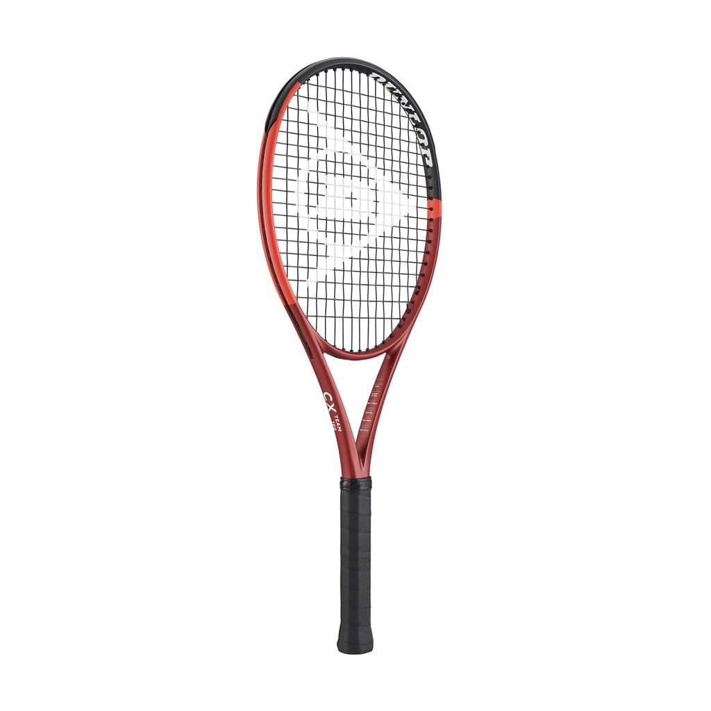 The Dunlop CX Team 100 Tennis Racket - Red features a striking red and black color scheme with a grid pattern on the strings and the brand logo, paired with a comfortable black grip handle. Its sleek and modern design makes it an ideal choice for intermediate players aiming to elevate their performance.