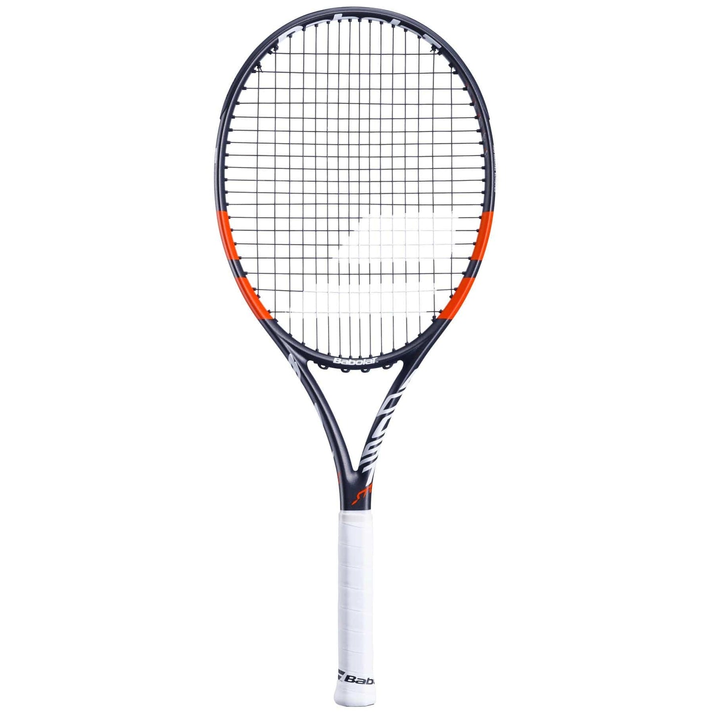 The Babolat Boost Strike 2024 Tennis Racket features a sleek grey frame with striking red accents and a white grip. Engineered for optimal power, its contemporary design highlights a visible string pattern adorned with prominent Babolat branding on the frame.