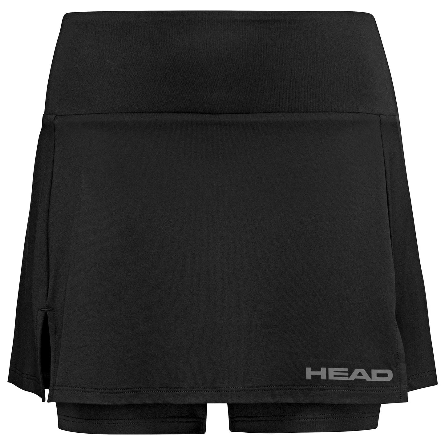 The HEAD Womens Club Basic Tennis Skort in black features a fold-over waistband, built-in shorts, a side slit, and the "HEAD" logo, ideal for tennis enthusiasts. It offers optimal comfort with its Moisture Transfer Microfibre Technology.