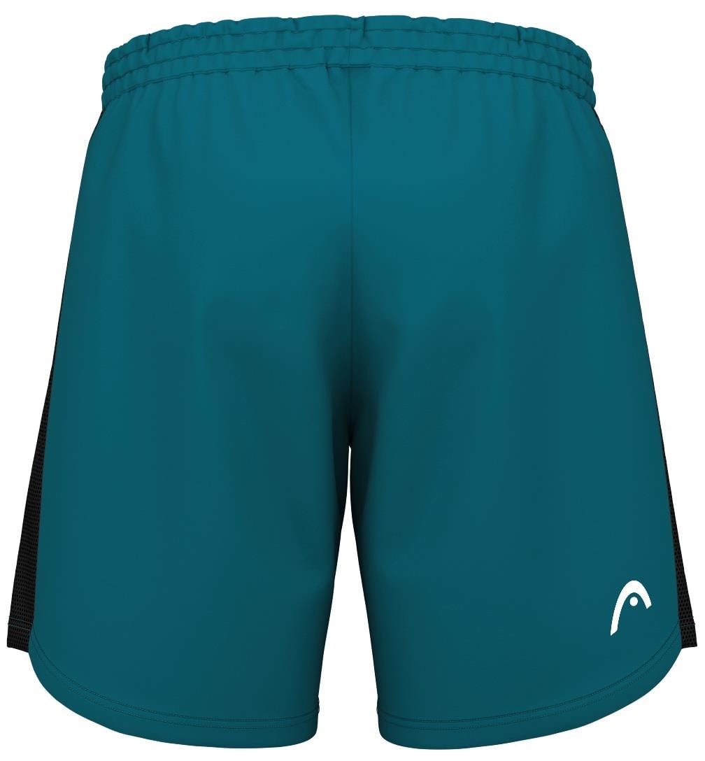 The HEAD Power Men's Tennis Shorts in teal, featuring black side panels and a white logo, are made from stretchy comfort fabric with Moisture Transfer Microfiber technology for optimal performance. They include an elastic waistband and are displayed from the rear.