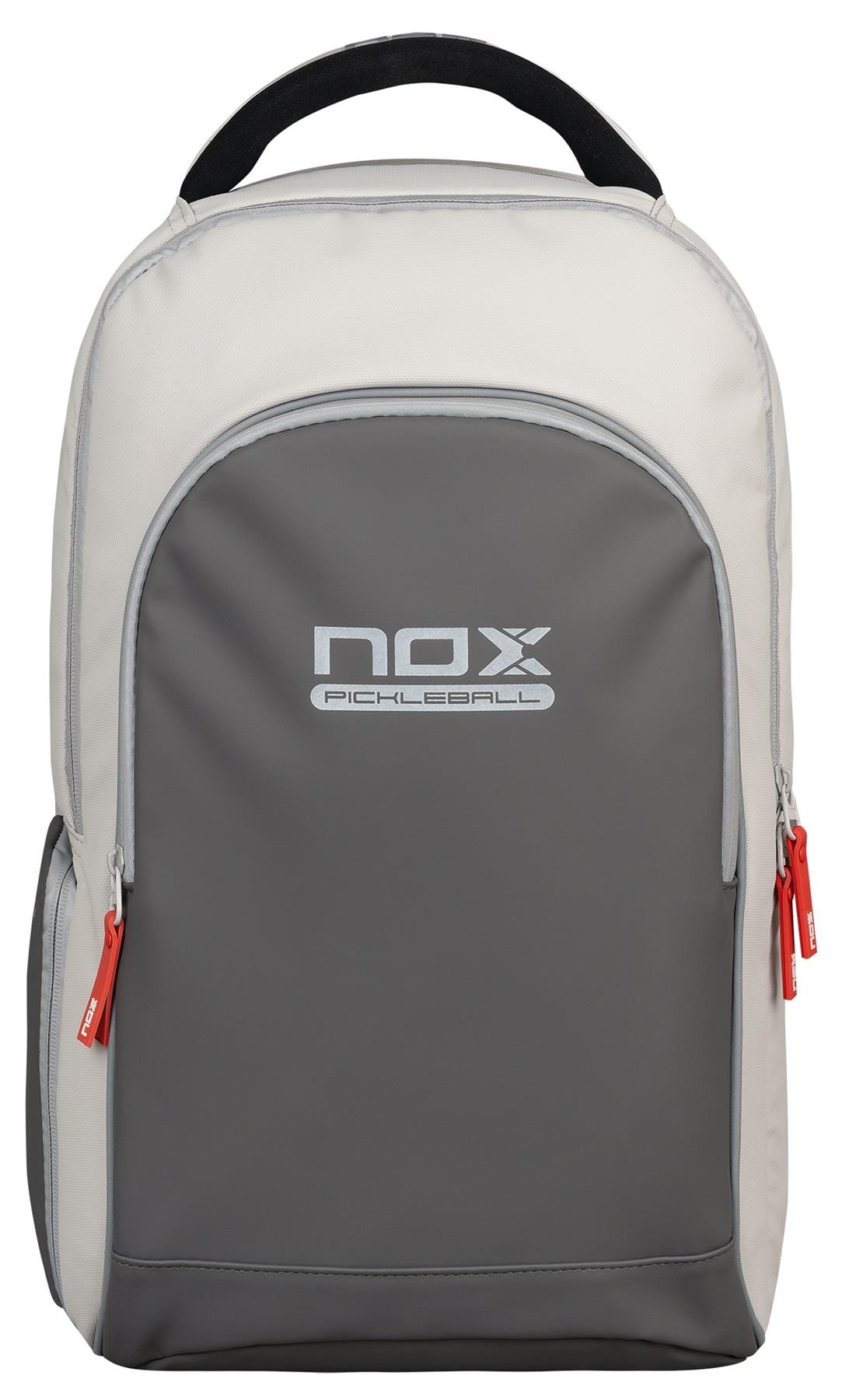 The NOX Pro Pickleball Backpack - Cream features ergonomic padded straps, a spacious front pocket, red zipper pulls, and the "NOX Pickleball" logo displayed on the front.