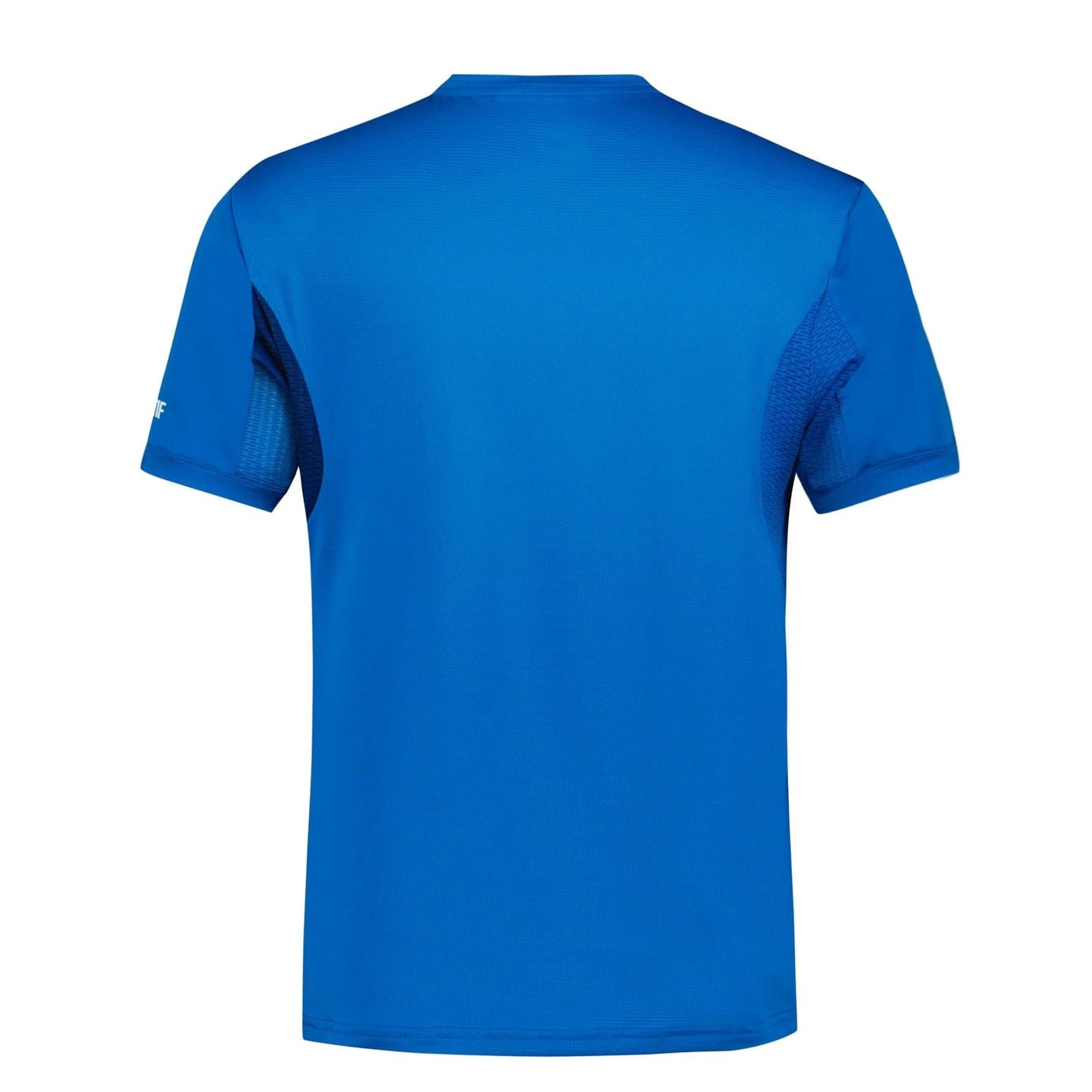 The Le Coq Sportif Pro Mens Tennis T-Shirt in Lapis Blue is shown from the back, showcasing breathable mesh panels on the sides that enhance breathability and offer a sleek, clean design.