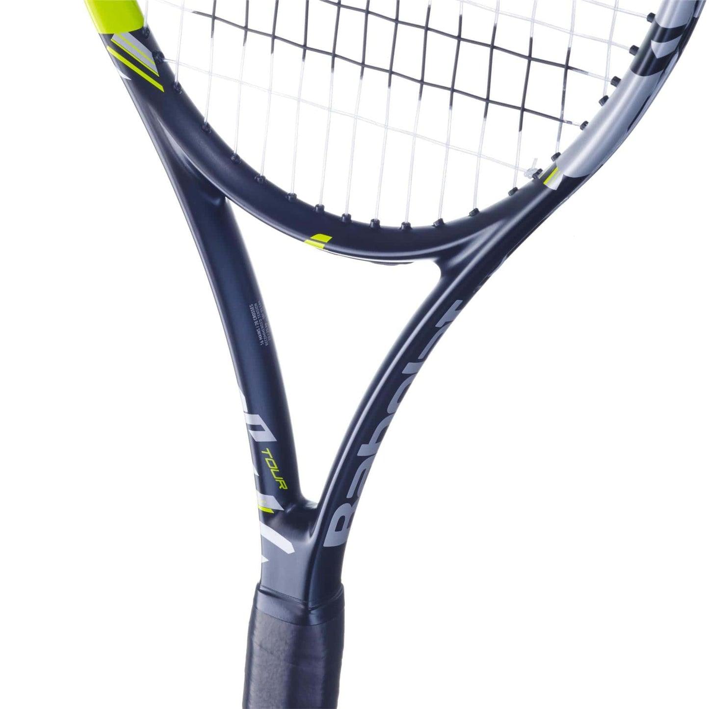 Close-up of a Babolat Pulsion Tour Tennis Racket - Black, showcasing its black and neon yellow color scheme with the Babolat brand name partially visible. The racket features tightly strung strings for enhanced power and a black-wrapped grip. Its design highlights sleek curves and vibrant accents.