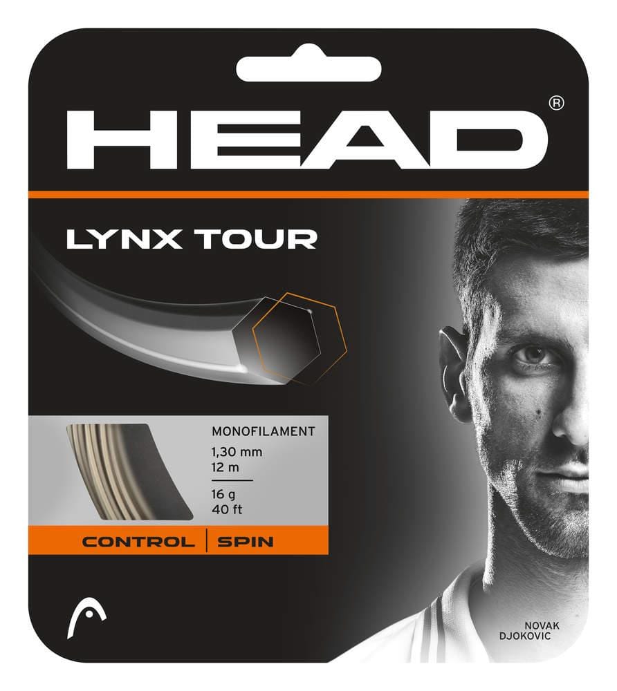 The packaging of the HEAD Lynx Tour Tennis String Set - Champagne features a partially visible tennis player's face and highlights "Control and Spin." It is made from co-polyester monofilament, with a thickness of 1.30 mm, offered in lengths of 12m or 40ft and weighs 16g.