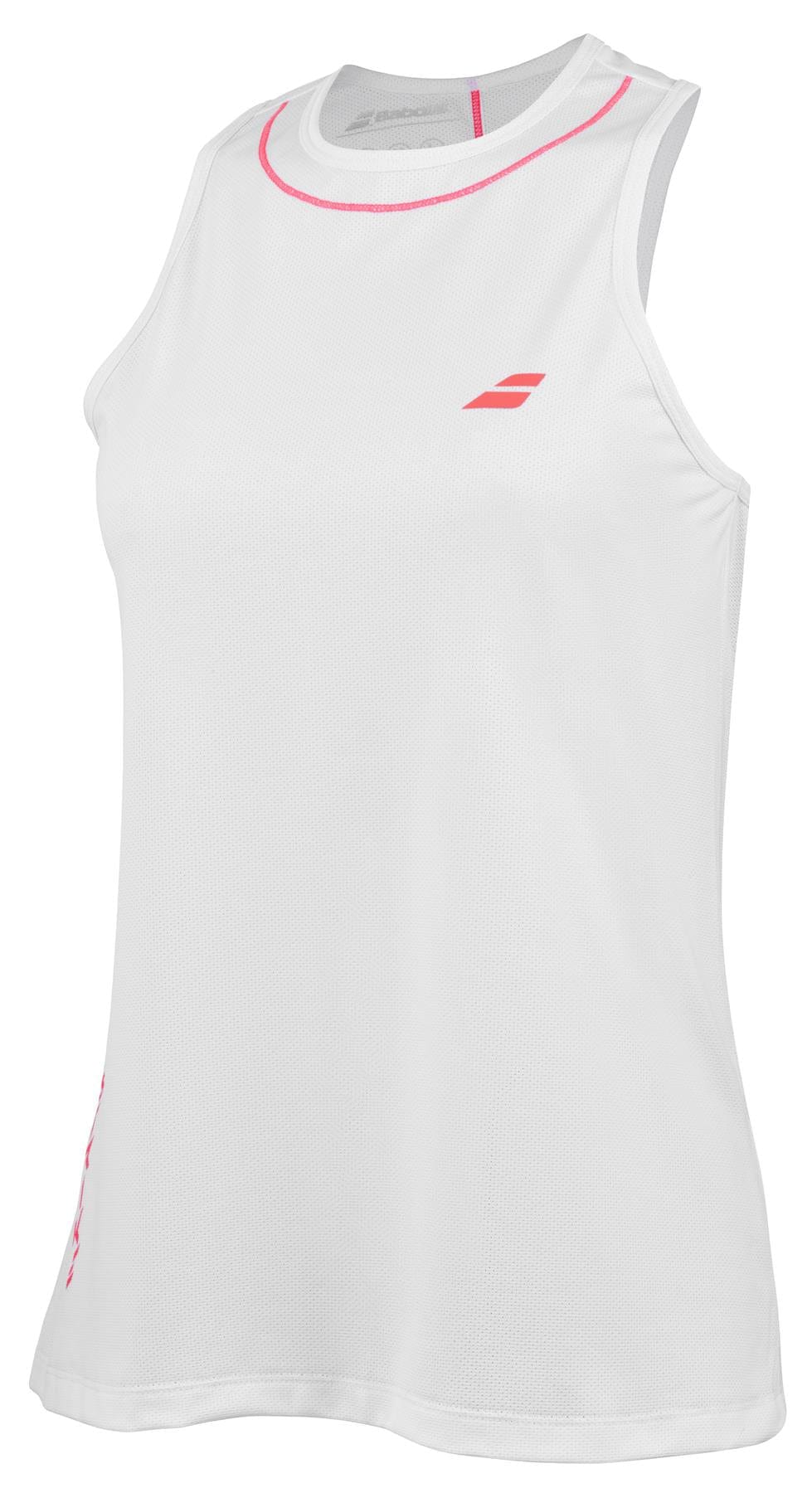 The Babolat Strike Women's Tennis Tank Top - White, by Babolat, features a sleeveless design with pink accents around the collar and a small pink logo on the chest. Made from lightweight, breathable recycled polyester fabric, it is perfect for sports or exercise.