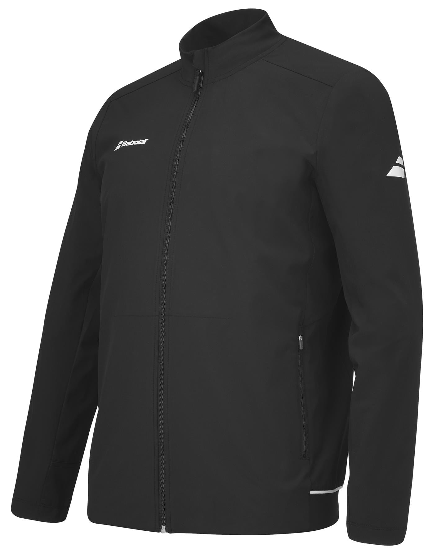 Introducing the Babolat Play Men's Tennis Jacket in black: a sleek zip-up design with a stand-up collar and long sleeves, crafted from recycled polyester. This jacket features a small logo on the left chest and another on the upper right sleeve, along with two side pockets with subtle zipper details.