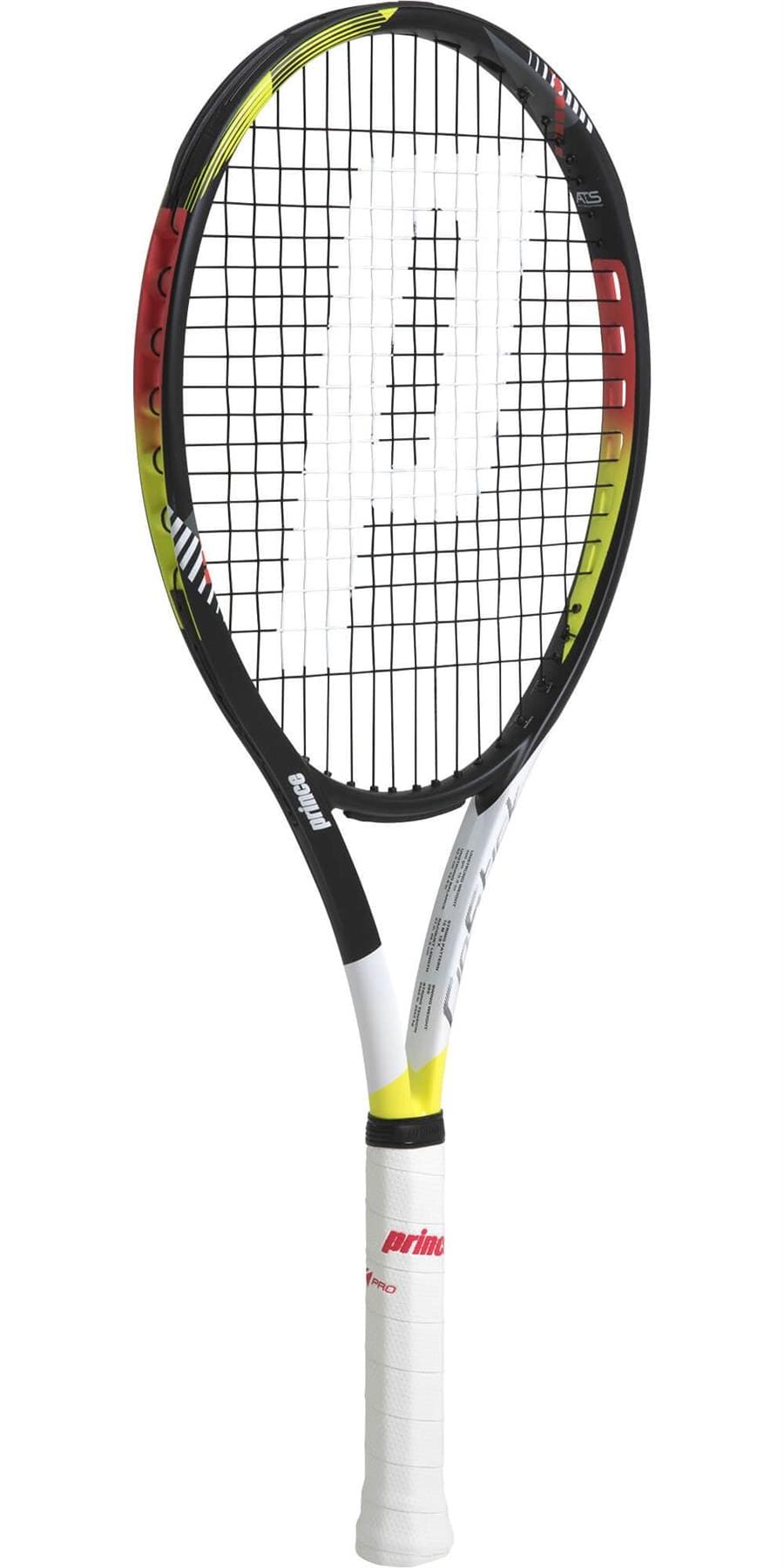 The Prince Ripstick 100 300g Tennis Racket, featuring a black, red, and yellow design without strings, highlights a powerful TeXtreme frame. It includes a striking gradient from red to yellow and showcases the bold white "P" logo on its strings.