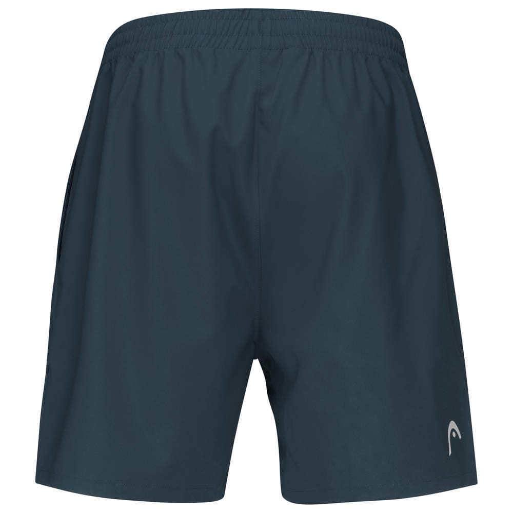 Navy tennis shorts for men from HEAD, crafted with breathable fabric, featuring an elasticated waistband and a subtle logo on the lower right leg. These shorts are shown from the back to emphasize their comfort and stylish design for active play.
