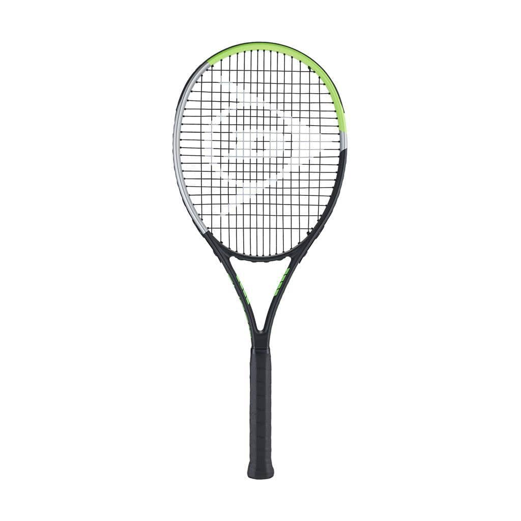 The Dunlop Tristorm Elite 270 Tennis Racket is ideal for beginner adults, featuring a sleek black, green, and silver frame with durable black strings and a comfortable black handle. Weighing only 270 grams, its head prominently showcases the Dunlop logo at the center.