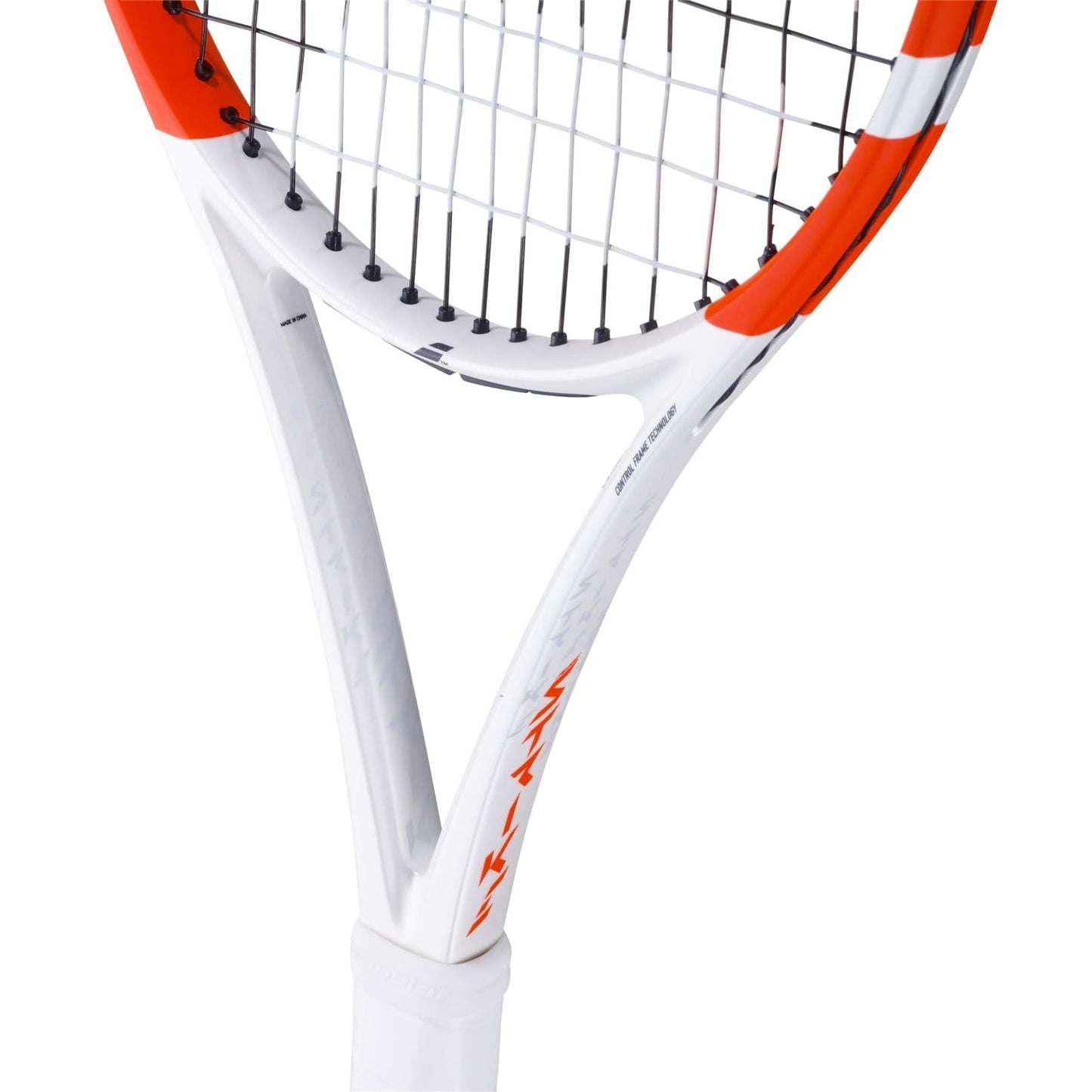Close-up of a Babolat Pure Strike Team Gen4 tennis racket, highlighting its white, red, and black design. The sleek frame features the Babolat branding and angular lines with a textured grip. Its strings are engineered with Control Technology for precision, enhancing play.