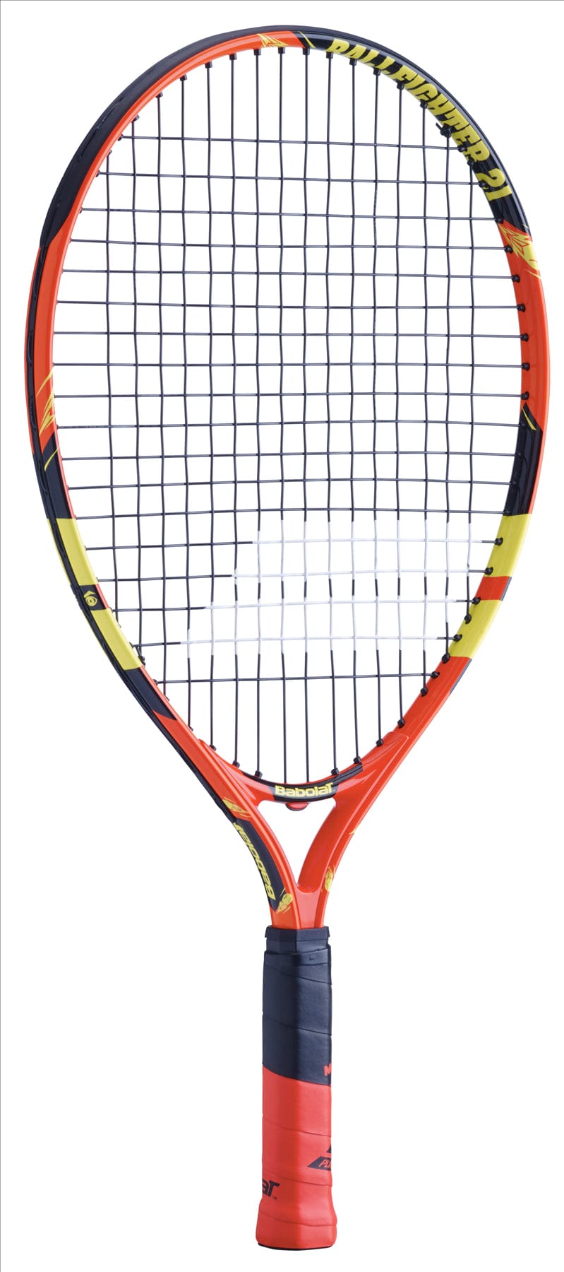 A vibrant Babolat Ballfighter 21 Tennis Racket with an eye-catching orange frame, accented by bold black and yellow details. The carefully crafted strings pair well with the black-wrapped handle, designed to aid in teaching proper grip technique, making it ideal for young tennis players.