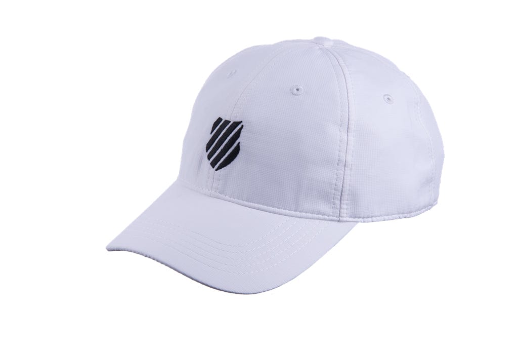 Introducing the K-Swiss Men's Tennis Cap in white with a sleek black logo on the front. Ideal for matches or training, this cap provides sun protection with its curved brim and noticeable stitching.
