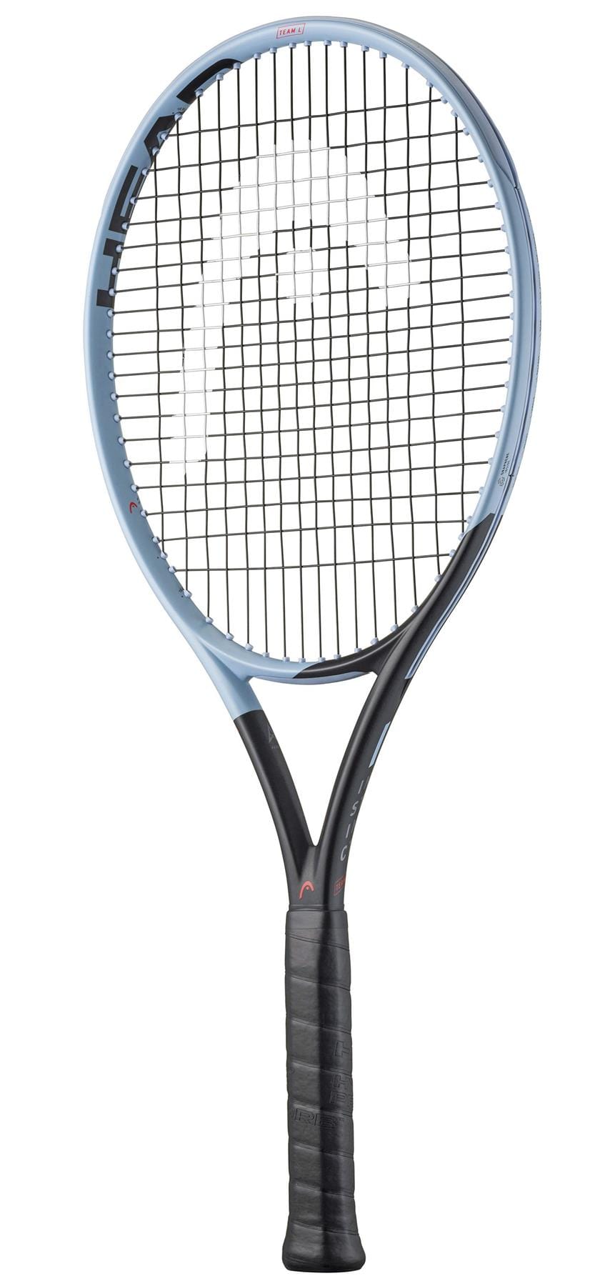 The HEAD Instinct Team L 2025 Tennis Racket in blue and black, featuring HEAD's iconic branding and a string grid with a black grip tape handle, is displayed vertically against a white background. It incorporates Auxetic technology for enhanced performance.