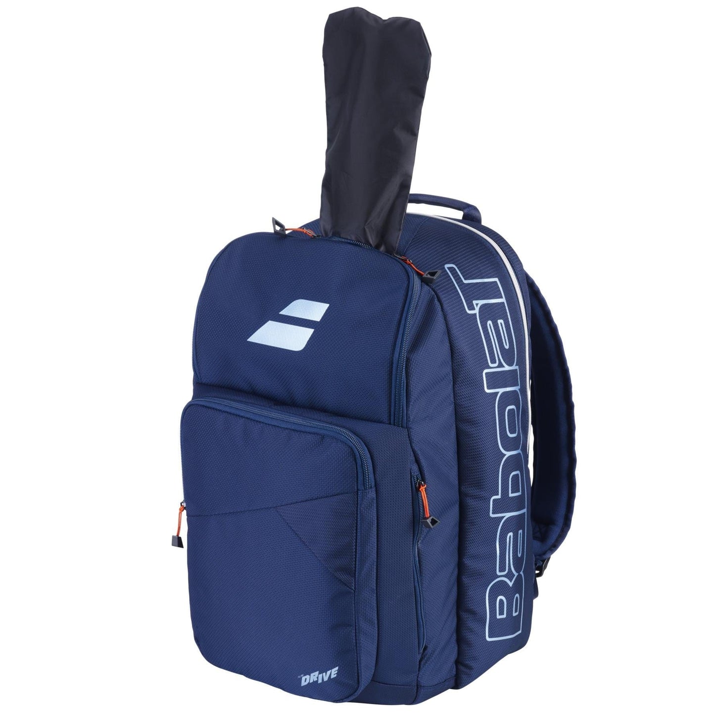 Meet the Babolat Pure Drive Tennis Backpack, a chic blue carrier featuring the light blue Babolat logo. It offers multiple zippered pockets and a unique compartment for partially displaying your racquet.