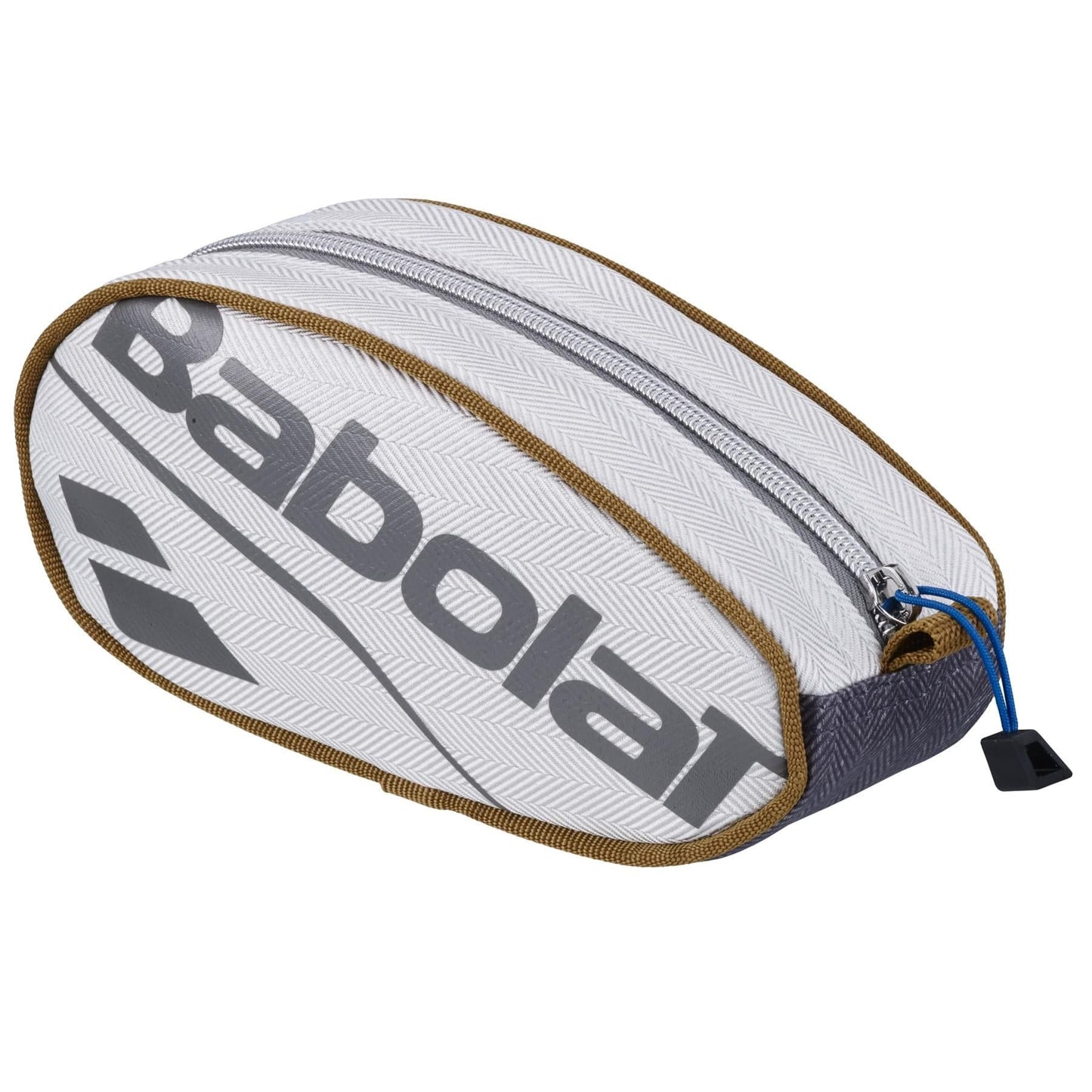 This stylish Baboalt Wimbledon Pencil Case, boasting a white and brown herringbone design, is ideal for any Wimbledon 2024 fan. It features a zipper with a blue pull tab and prominently displays the gray Babolat logo, reflecting the brand's heritage at British Grand Slam events.