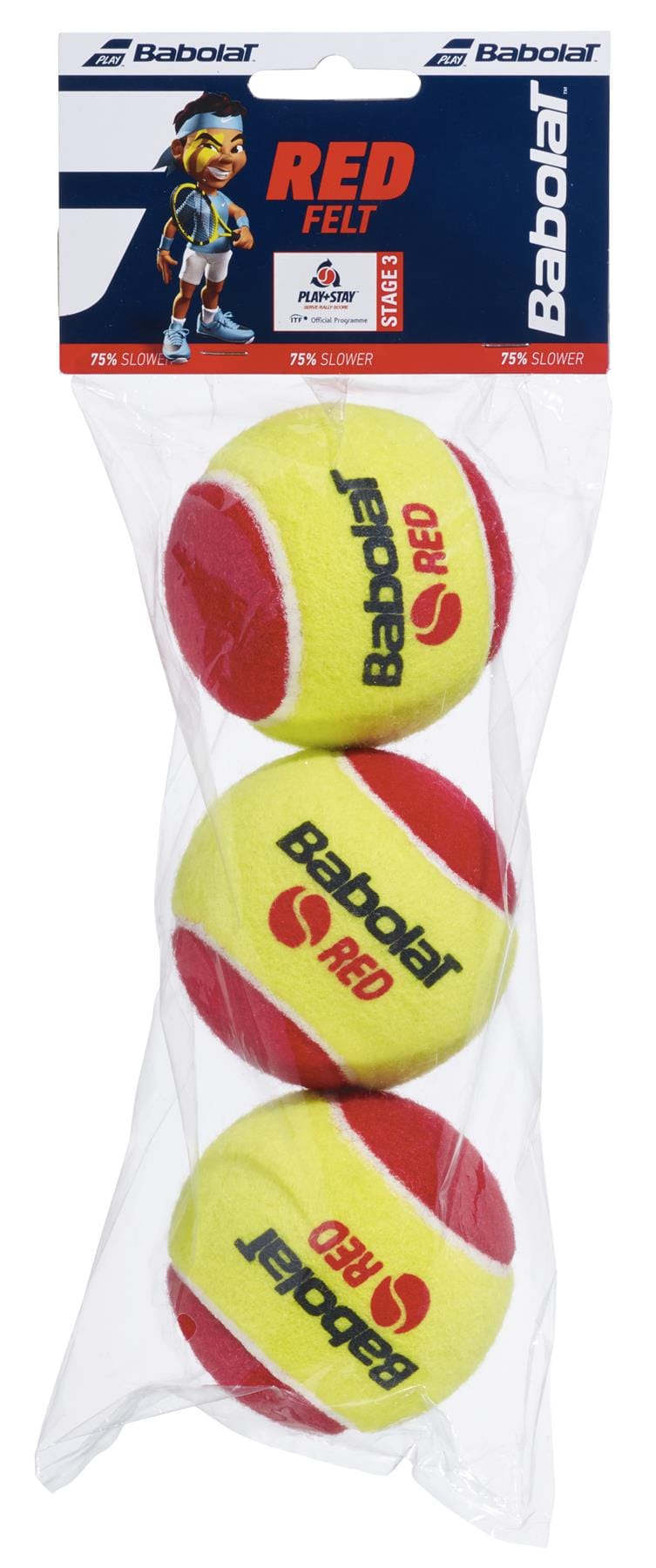 A package of Babolat Initiation Red Felt X3 Stage 3 Tennis Balls, approved by the ITF for slower play, featuring vibrant yellow and red colors along with a playful cartoon character on the packaging beside the Babolat branding.