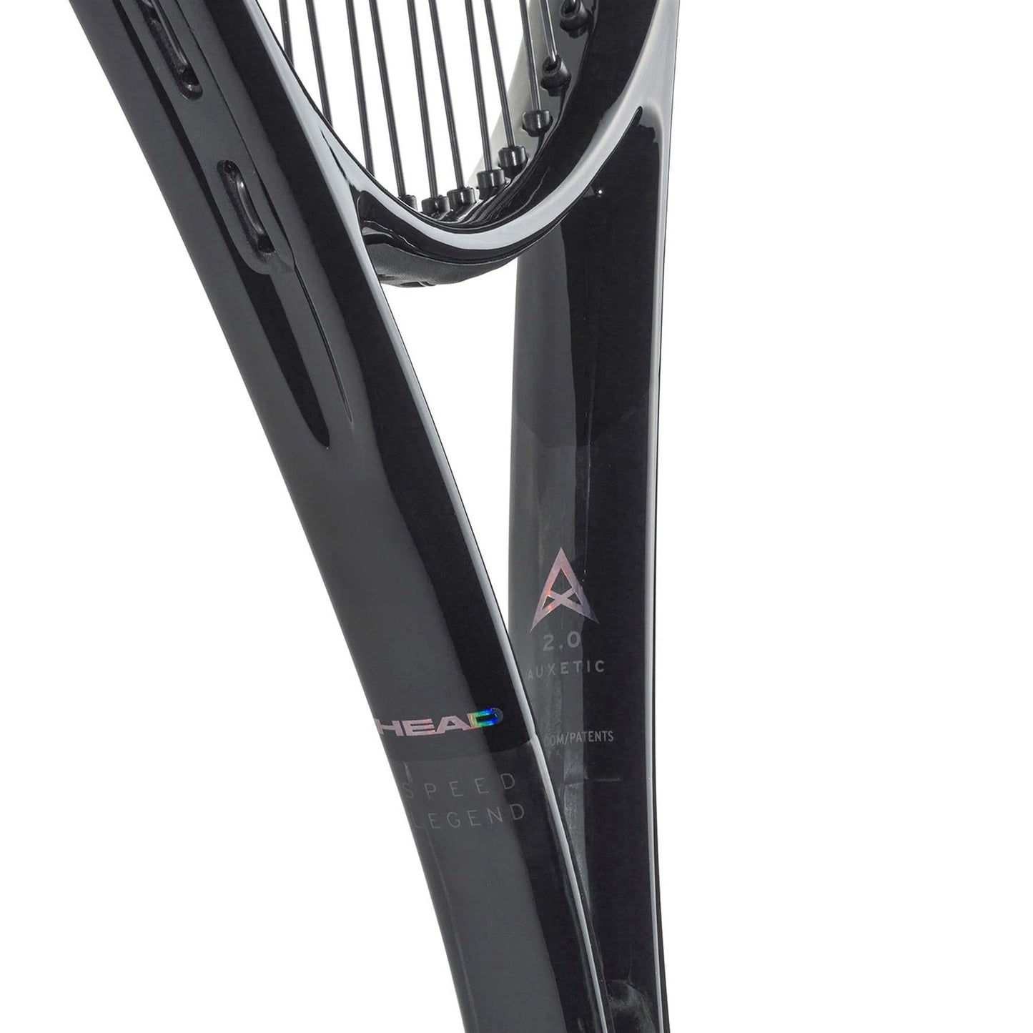 Close-up of the HEAD Speed Pro Legend 2024 tennis racket frame in black, showcasing its sleek, glossy design and partial strings. Inspired by Novak Djokovic, the logo and model details can be subtly seen on the frame, enhanced by advanced Auxetic 2.0 technology for improved performance.