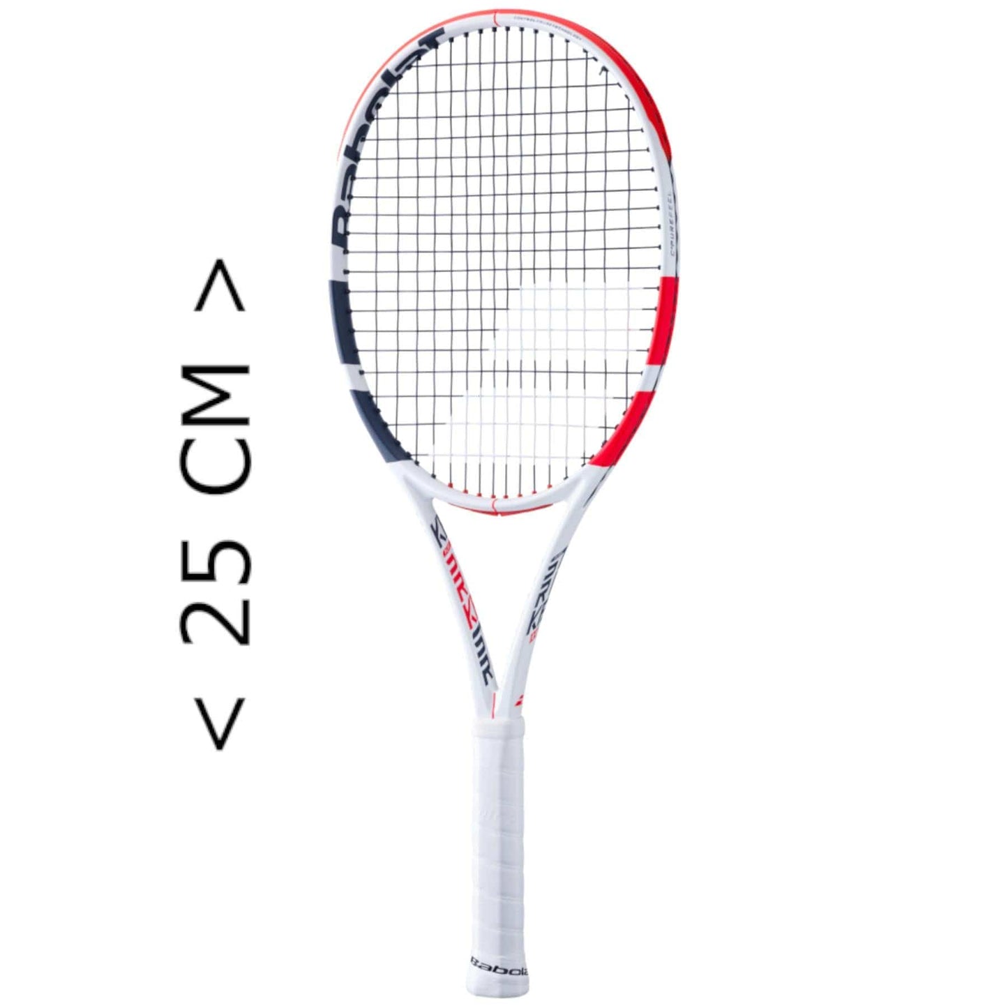 The Babolat Mini Pure Strike Tennis Racket, dressed in red, white, and blue, includes a 25 cm measurement indicator near the handle. Its visible strings and branded markings on the frame stand out against a clean white background, making this mini replica racket a delightful tennis trinket.