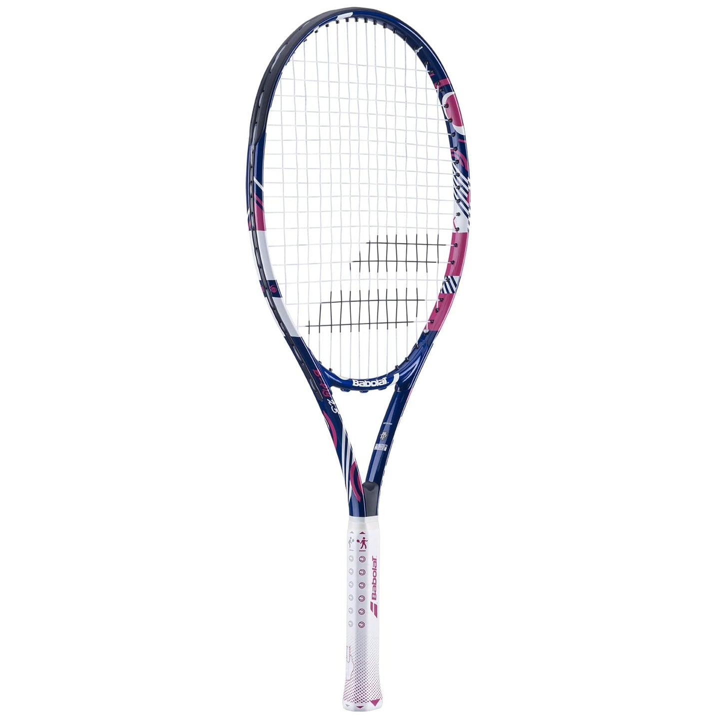 The Babolat B-Fly 25 Junior Tennis Racket in blue and pink offers a sleek design, perfect for young athletes. Its tightly woven strings and comfortable white grip make it ideal for aspiring champions, while the brand name is prominently displayed on the shaft.
