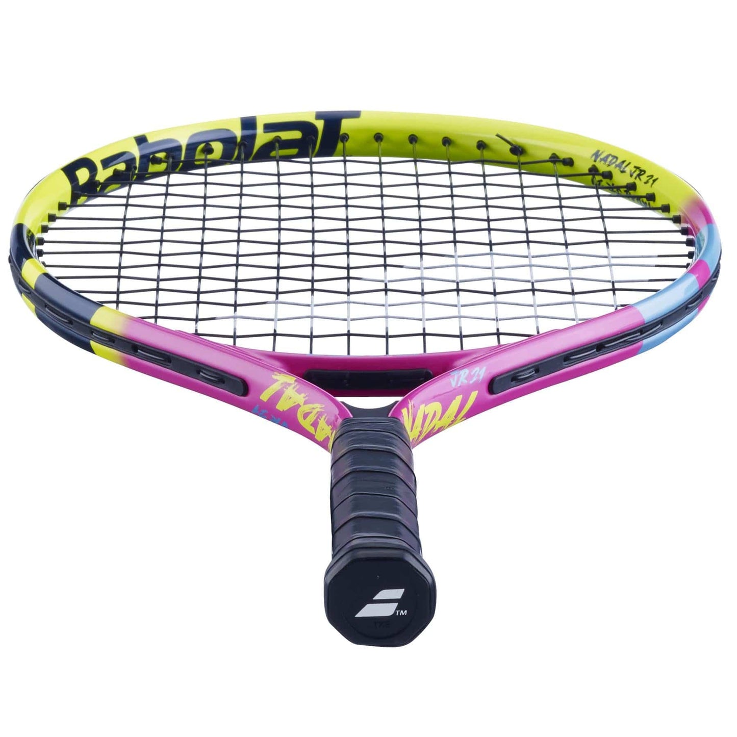 Close-up of a vibrant Babolat Nadal Junior 21 Tennis Racket in a pink and yellow frame. The "Babolat" brand name is prominently displayed on the top, featuring an open string pattern. The tightly woven strings and black grip tape on the handle ensure optimal performance.