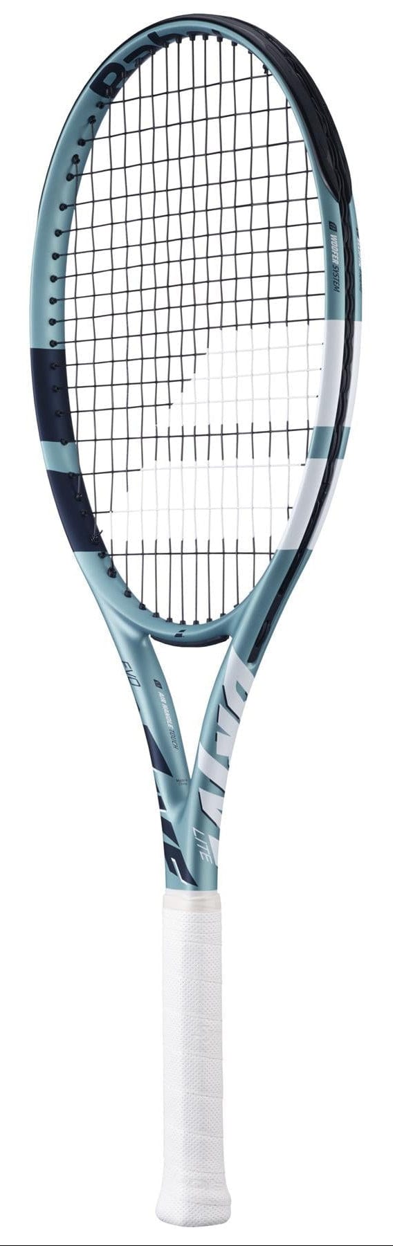 The Babolat EVO Drive Lite Gen 2 Tennis Racket - Blue features a blue and grey frame, a white Air Handle Touch, and black strings set against a white background.