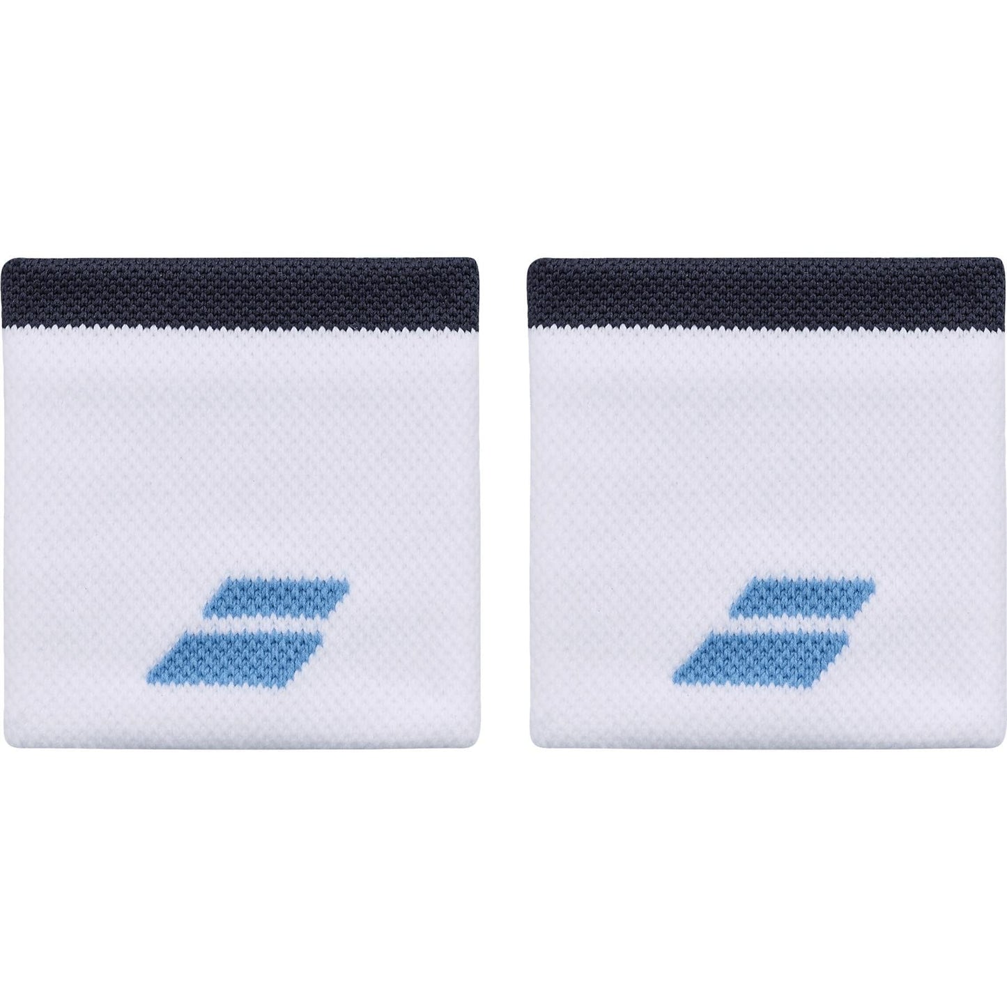 Two Babolat Logo Wristbands in white with Drive Blue geometric logos and black trim, displayed side by side. These absorbent wristbands from Babolat are a comfortable sports accessory for any athlete.